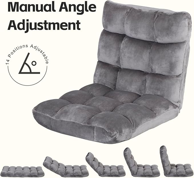 Nouva Adjustable Floor Chair 14-Position Sofa Bed Foldable Cushion Video Gaming Chairs Bean Bag Chair Reading Seating for Adults Kids Teens for Bedroom Living Room Indoor Use,Grey