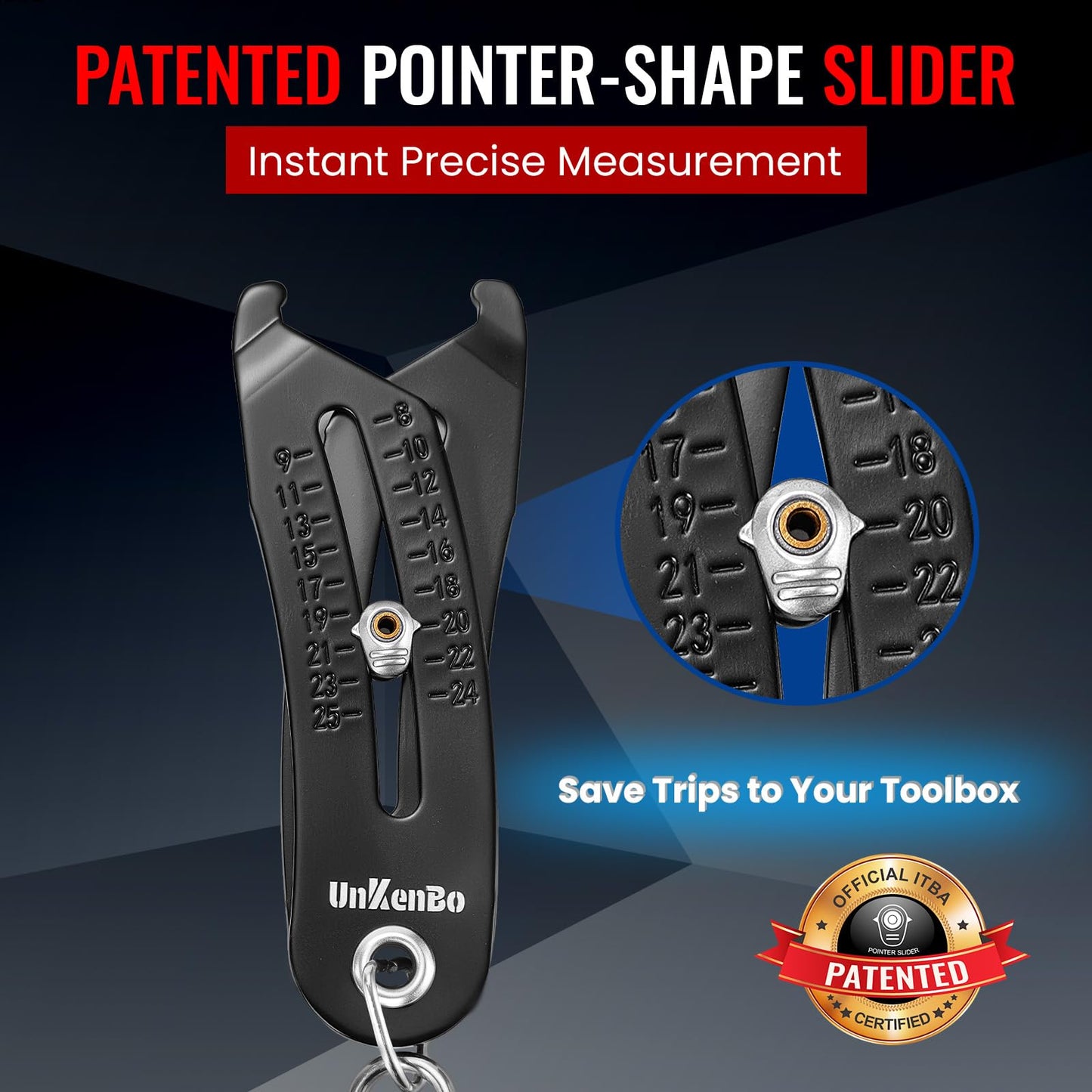 UNKENBO® Bolt Size Finder Tool Keychain - Gauge Bolts & Nuts Head SAE 5/16 to 1" & Metric 8 to 25mm, Wrench & Socket Size Finder, Nut & Bolt Fasteners Measuring Tool Gifts for Men (Matte Black)