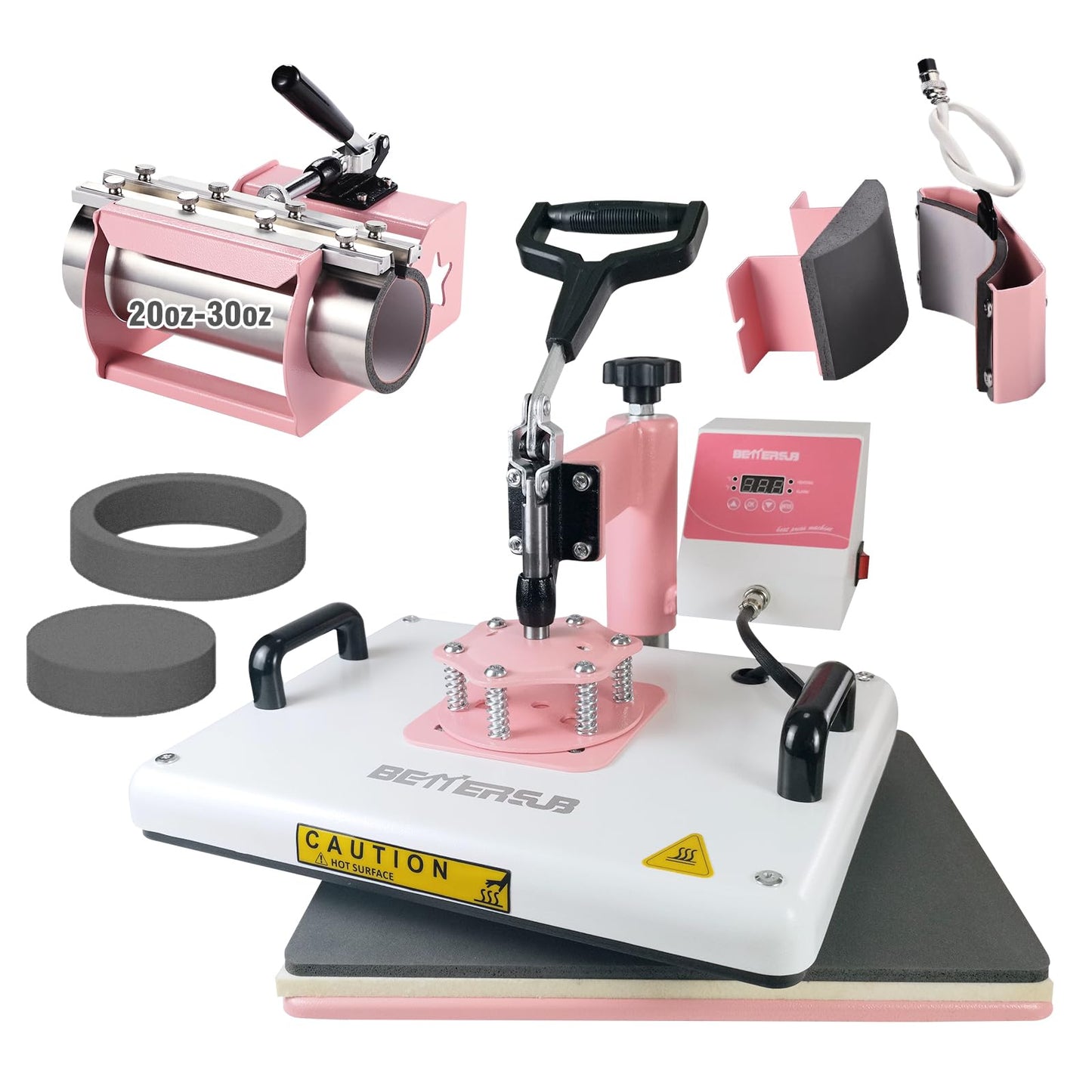 BetterSub 5 in 1 Heat Press Machine 12x15 inch, Industrial-Quality Sublimation Press with 30oz Tumbler Attachment & Curved Hat Plate, 360° Swivel Design for T-Shirts, Vinyl, DTF Film - Pink