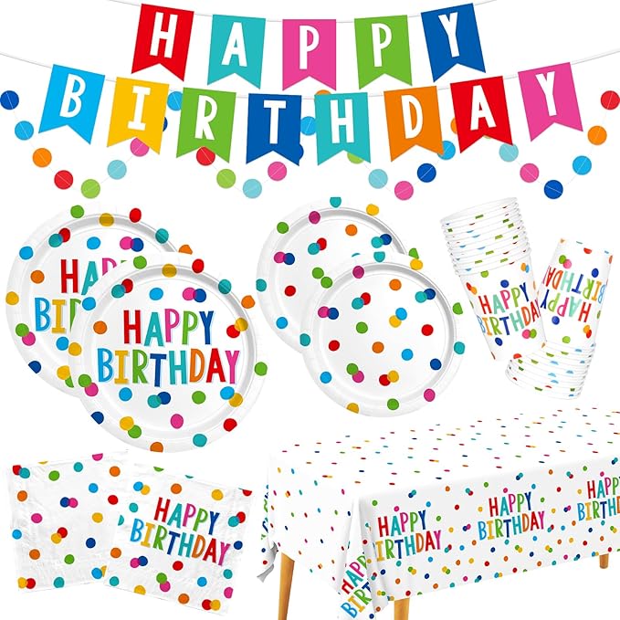 Happy Birthday Decorations: Happy Birthday Party Supplies Set with Birthday Dots Design- Includes Disposable Paper Birthda...