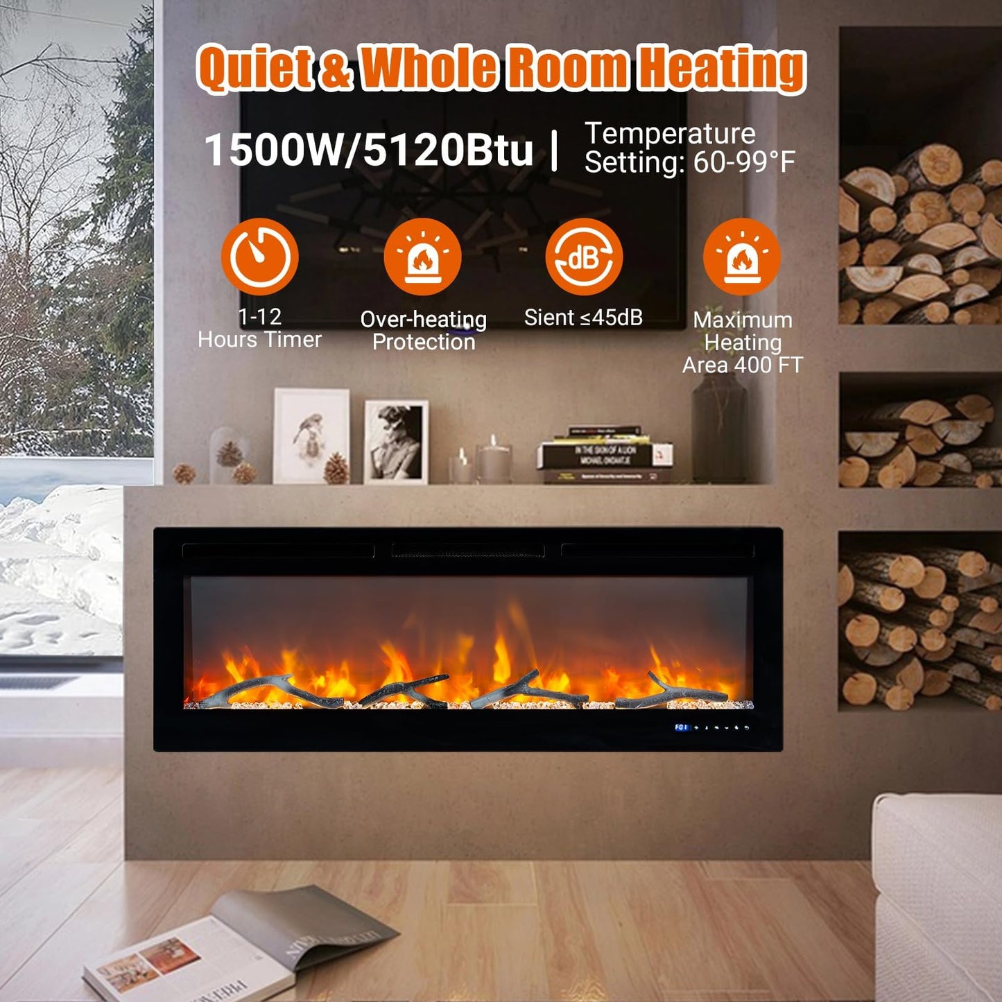 50" Smart Wall Mount Electric Fireplace, 1500W Heater with 12-Color LED Flame Effect, Touch Screen & Remote Control, Timer & Thermostat, for Living Room, Bedroom Indoor Use