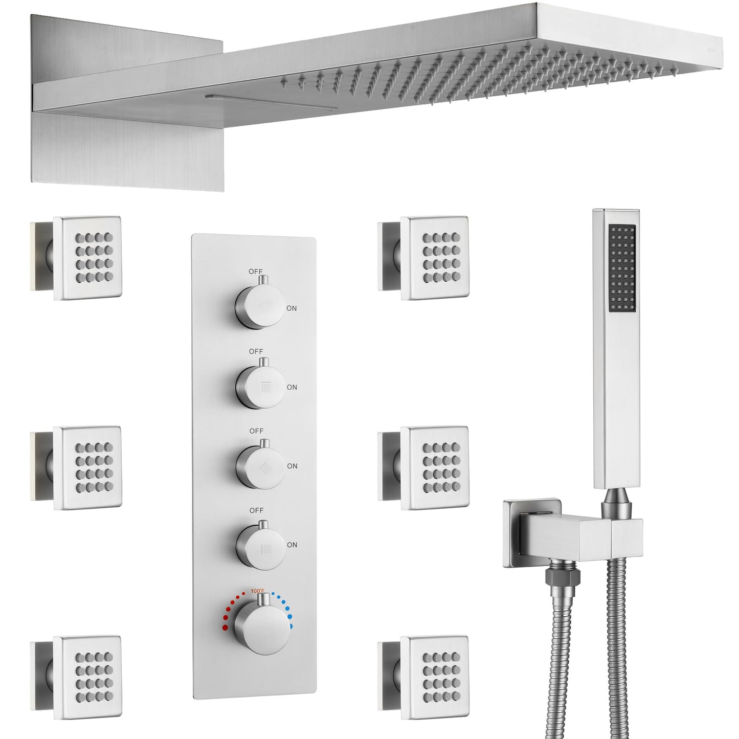 JetsBath Luxury Thermostatic Rain & Waterfall Shower System with 22” Rain Shower Head & 6 Body Jets, Wall Mounted Shower Faucet Sets with Handheld Sprayer, 3/4” Inlet Thermostatic Valve