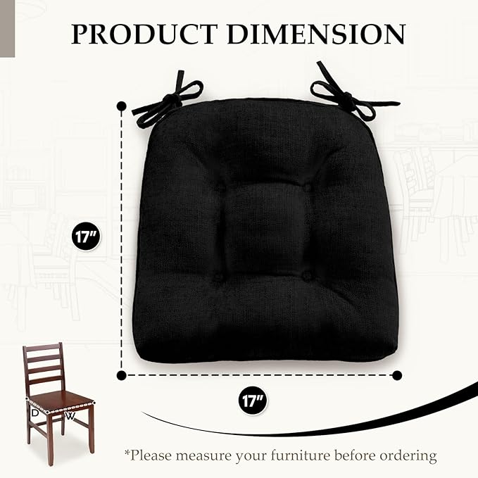 HARBOREST Chair Cushions for Dining Chairs Set of 4 - Chenille Tufted Kitchen Chair Cushions with Ties and Non-Slip Bottom, Foam Chair Pads for Dining Chairs, 17" x 17", Black