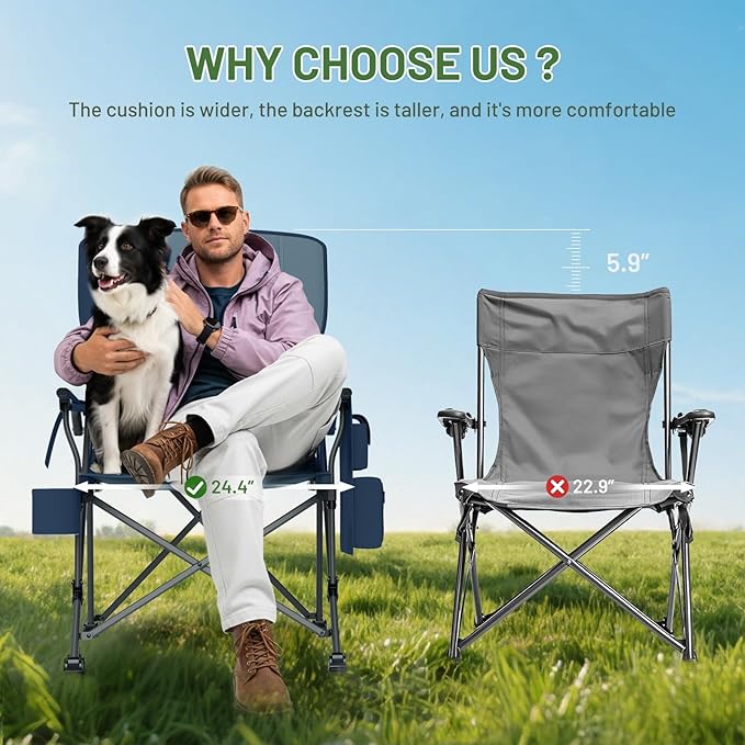 TIMBER RIDGE Oversized Folding Camping Chair with Lumbar Support Adjustable High Back Heavy Duty for Adults Support up to 500lbs with Cup Holder, Cooler Bag, Side Pocket, Blue 2 Pack