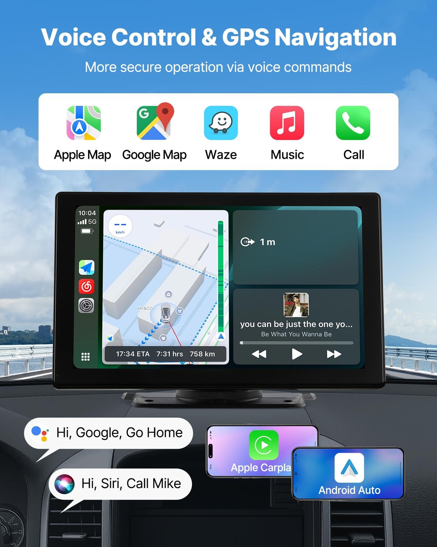 Vevor Wireless Car Stereo, 9-Inch Hd Portable Radio Touch Screen With Apple Carplay And Android Auto, Carplay Screen With Front