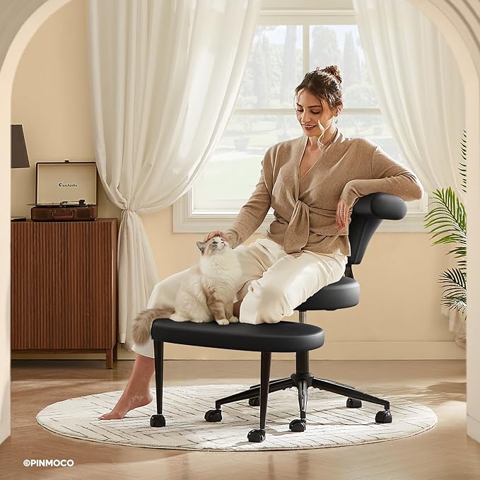 Ergonomic Cross Legged Office Chair Extra Wide for ADHD and Meditation, Kneeling Chair with 360° Swivel Wheels and Reversible Seating, Adjustable Height and Seat Deapth, PU Leather, Black