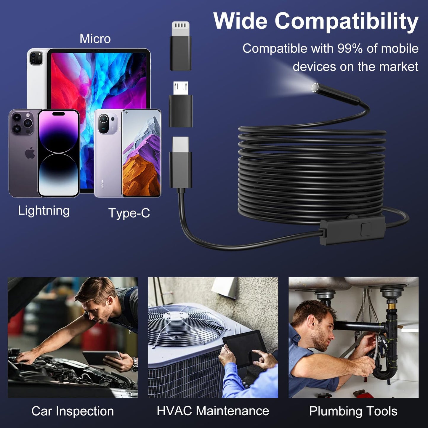 CTEOUNPT Endoscope Camera with Light, 1920P HD Borescope Inspection Camera with 8 Adjustable LEDs, IP67 Waterproof Semi-Rigid Snake Cable for Android, iPhone, and iPad(16.4ft, Single Lens)