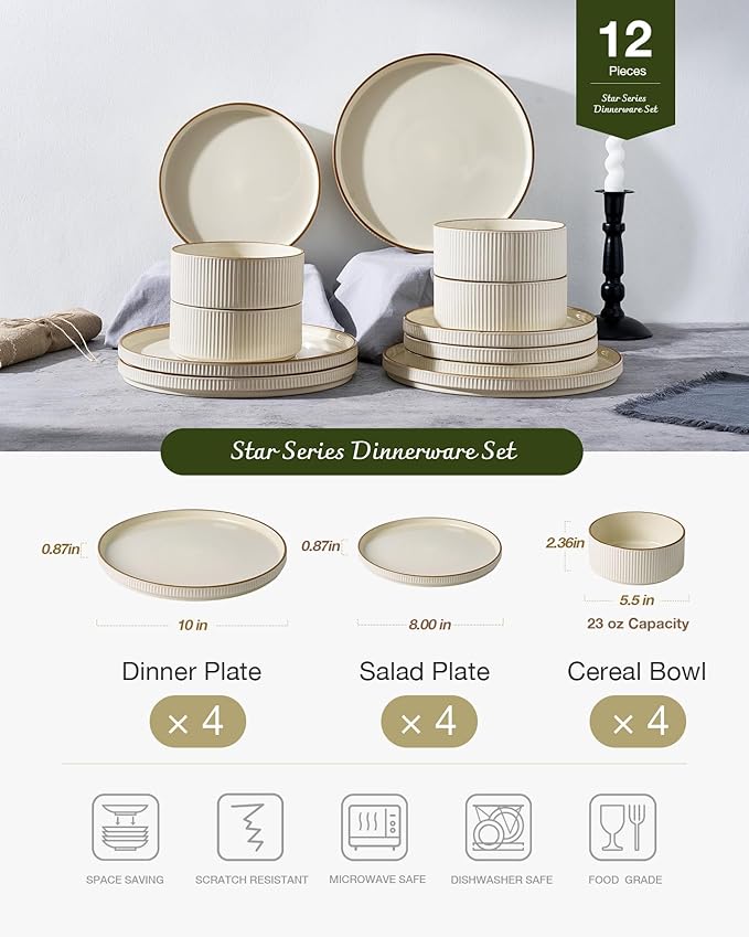 Famiware Star Dinnerware Set, Plates and Bowls Sets for 4 (12pcs), Ribbed Stoneware Dishes with Trim - Chip & Scratch Resistant, Microwave & Dishwasher Safe, Cream