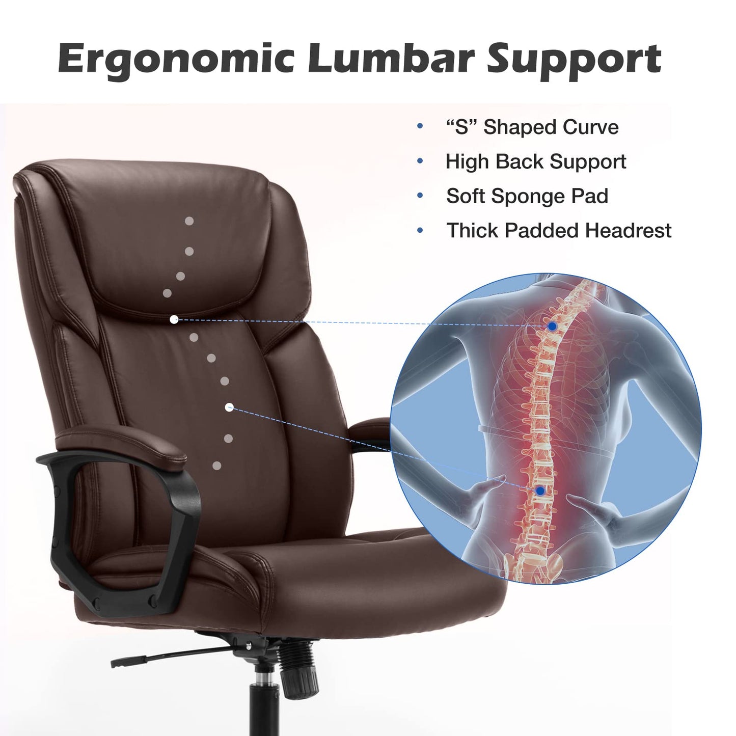 Executive Office Chair - Ergonomic Home Computer Desk Chair for Heavy People with Wheel, Lumbar Support, PU Leather, Adjustable Height & Swivel
