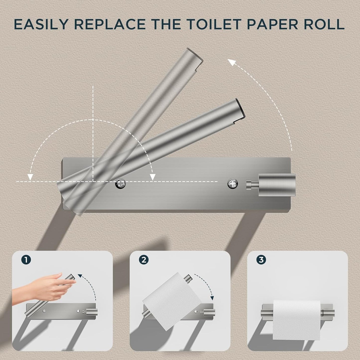 FORIOUS Adhesive Toilet Paper Holder Brushed Nickel, Self Adhesive or Wall Mounted Options, Stainless Steel Rustproof Stick on no Drilling Pivoting Toilet Tissue Roll Holder Wall Mount for Bathroom