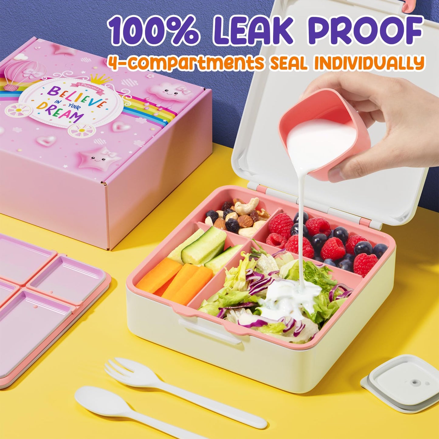 Fimibuke Bento Lunch Box for Kids, Leak Proof Toddler Bento Box with 4 Compartments BPA Free Dishwasher Safe Lunch Container with Utensils, Ideal Portion Sizes for Ages 3-12 Girls Boys for School