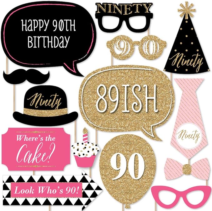 Big Dot of Happiness Chic 90th Birthday - Pink, Black and Gold Party Photo Booth Props Kit 20 Count