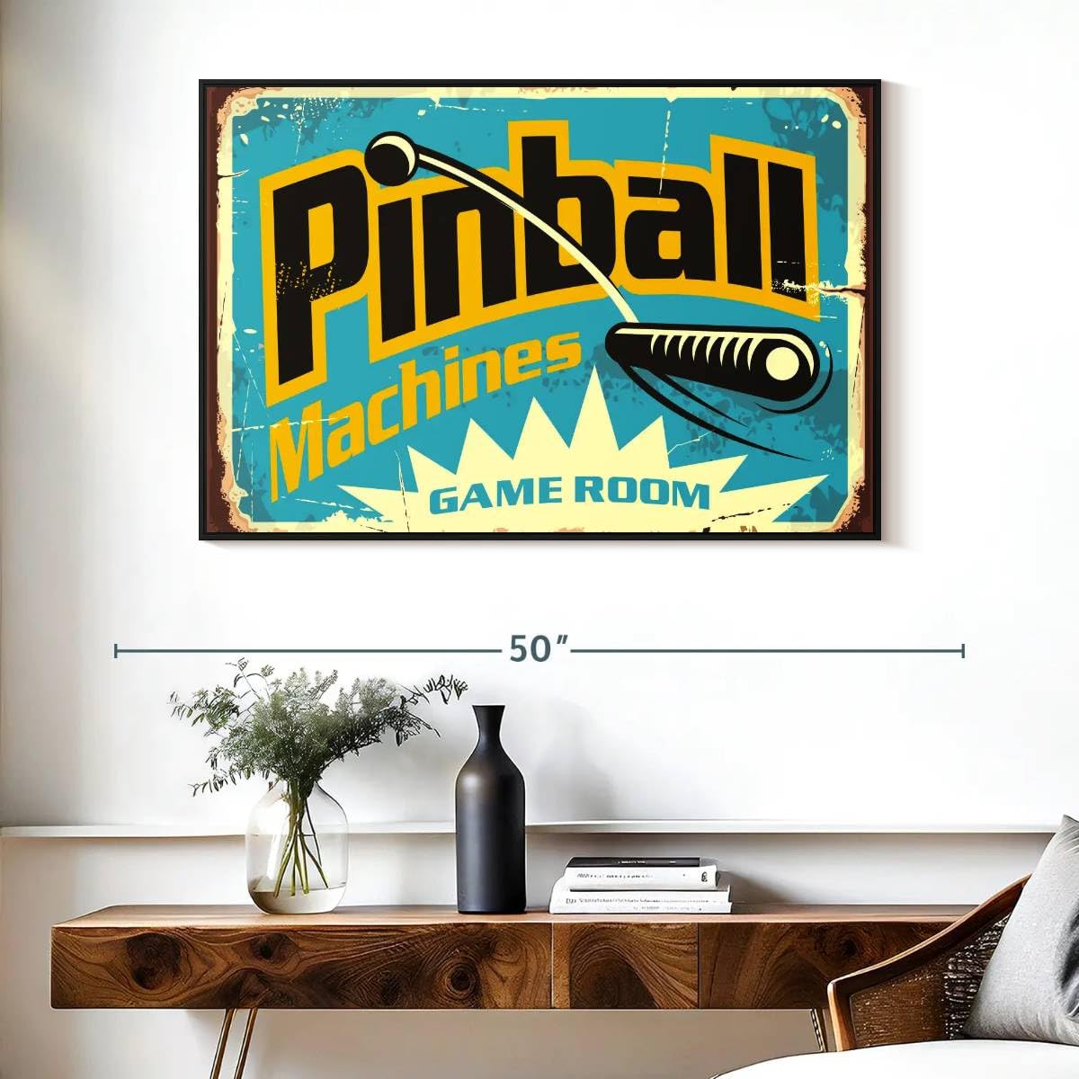ElephantStock Pinball Machine Game Room Wall Art - Horizontal Floating Framed Canvas - 1-Piece Living Room Wall Decor - Retro Digital Art Canvas Print - Turquoise and Black Decor for Wall - 40" X 27"
