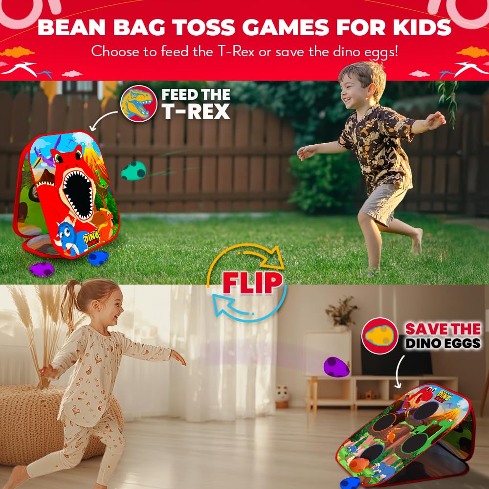 Swooc Games® - Dino Frenzy™ | 2-in-1 Corn Hole Games for Kids | 5-Second Setup | Dinosaur Bean Bag Toss Game for Kids | Kid Cornhole Game Set | Toddler Party Activity | Outside Bean Bags Kid Tossing