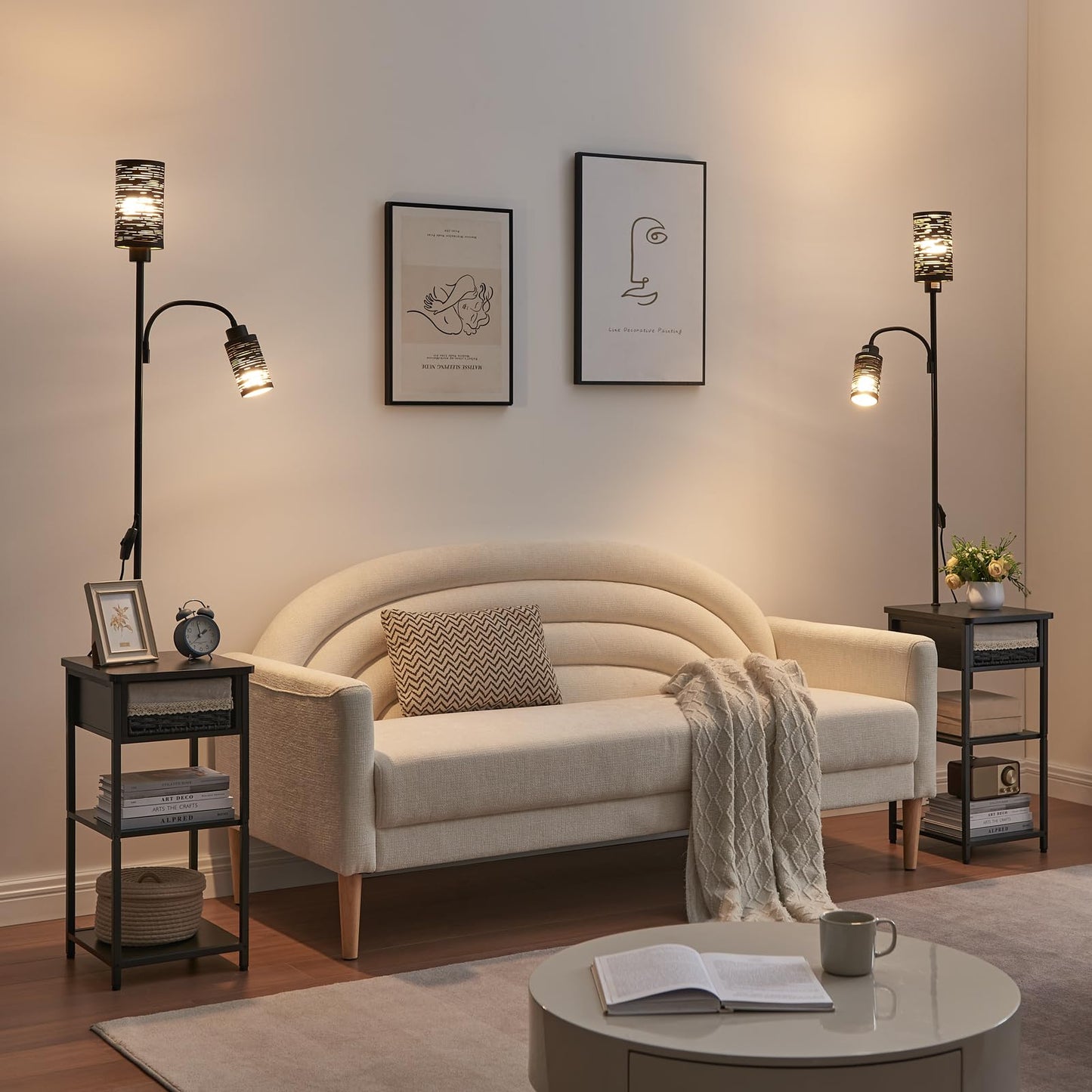 BAMGROW Floor Lamp with End Table, Side Table with Lamp Attached, Bedside Nightstand Light for Small Spaces with Wicker Drawer and Storage Shelf for Living Room, Bedroom, Guest Room, 2 Bulbs Included