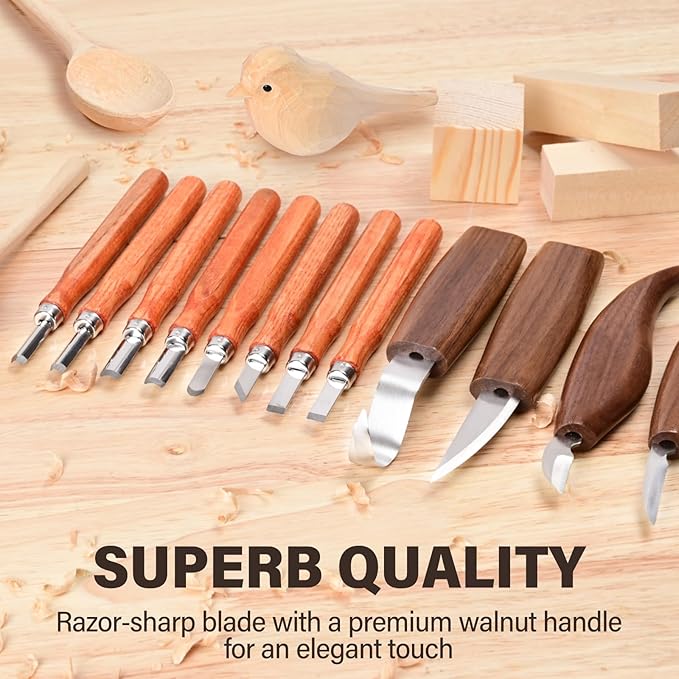 Deluxe Wood Carving Kit with Leather Case,Wood Carving Tools Set with Wood Carving Knife,Detail Knives,Basswood Blocks,Gloves,Strop Block,Polishing Compound for Whittling Kit Hobbies for Adults