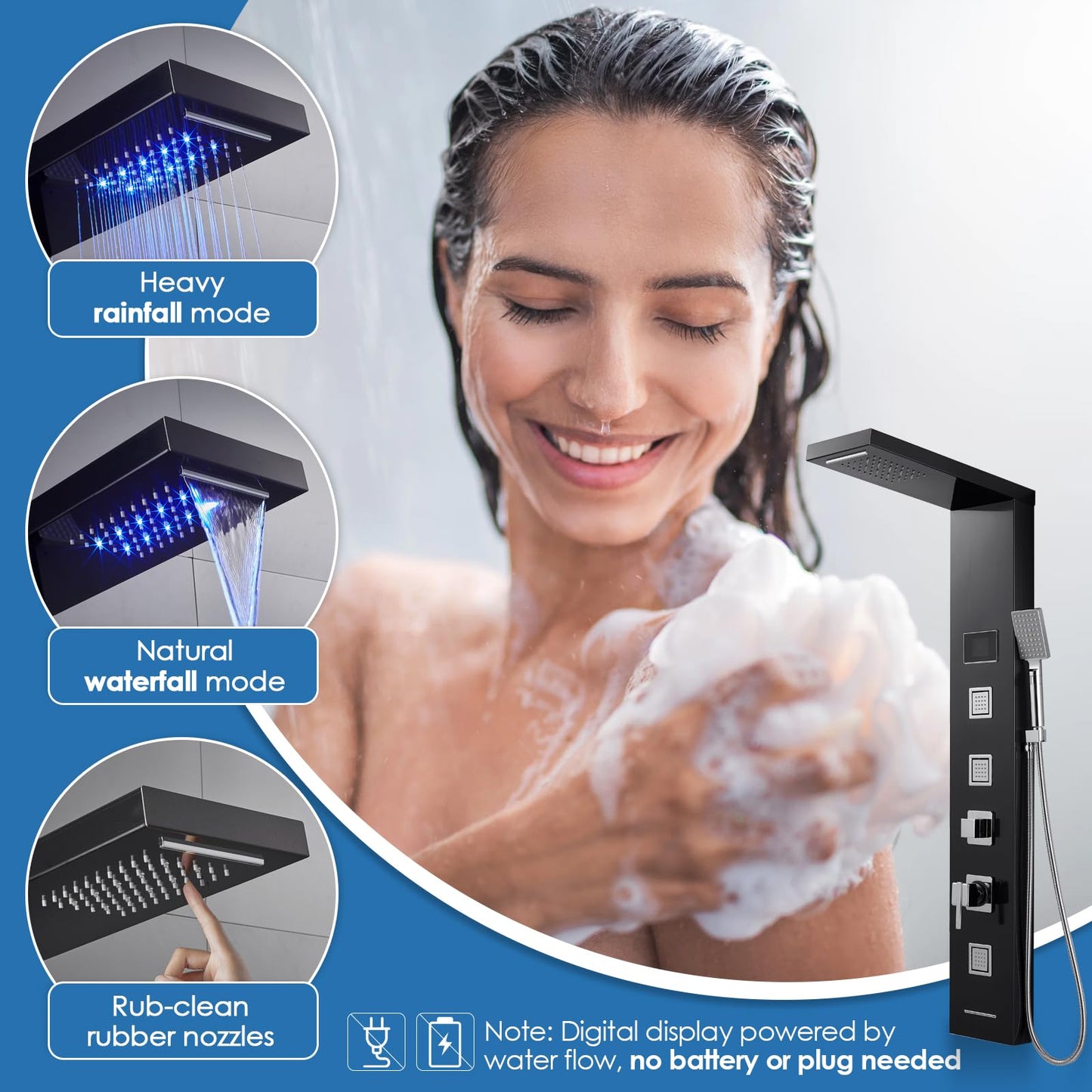 ROVOGO Shower Panel Tower System with LED Lights - No Battery Needed, Shower Column with Rainfall Waterfall Shower, Body Jets, Handheld Shower, Tub Spout and Temp Display, Black