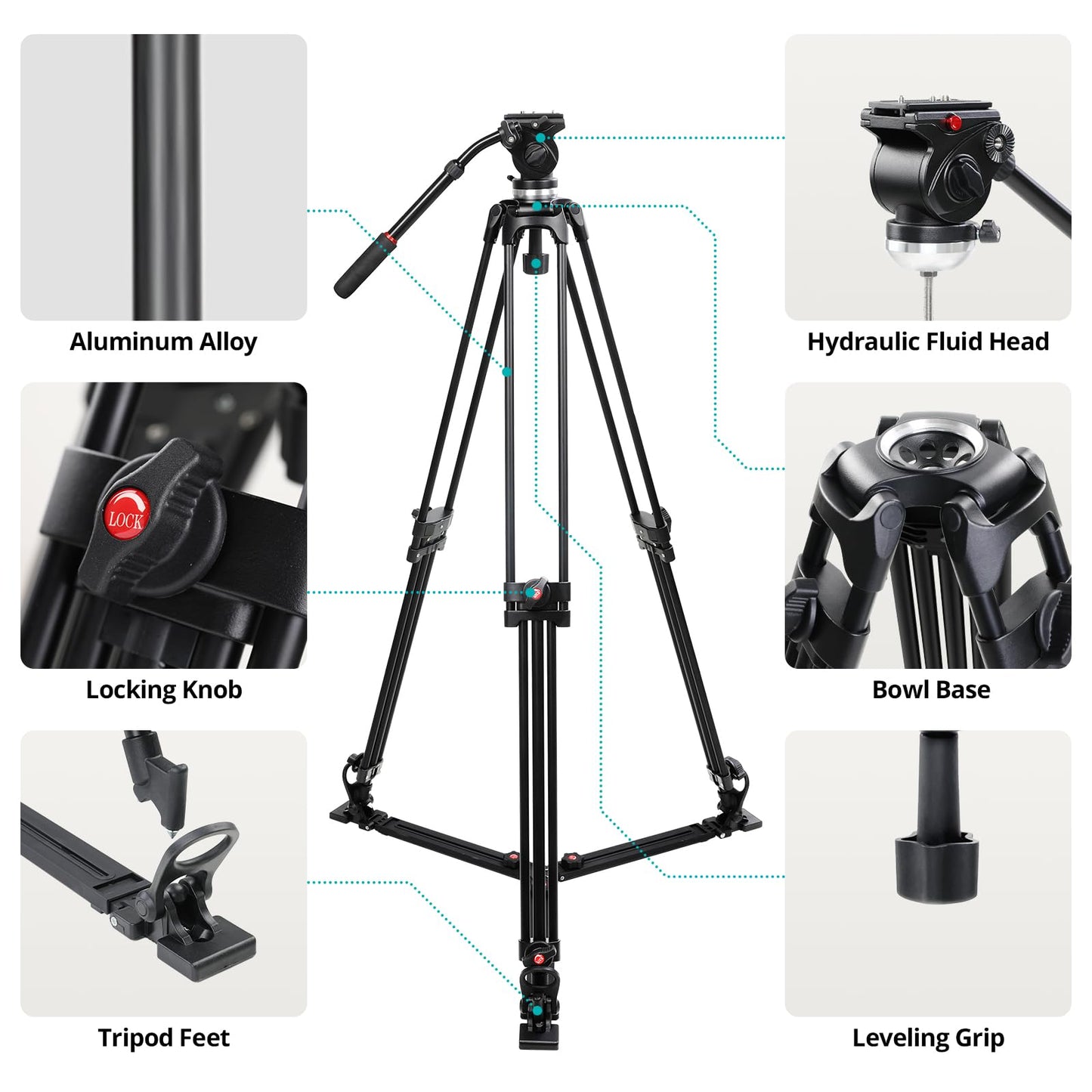 GVM 67" Video Tripod with Adjustable Damping Fluid Head, Metal Heavy Duty Dual-Mode QR Plate Compatible Flexible 360° Pan+90°/-75° Tilt, Max Load 22lb/10kg, for DSLR, Camcorders and Video Shooting