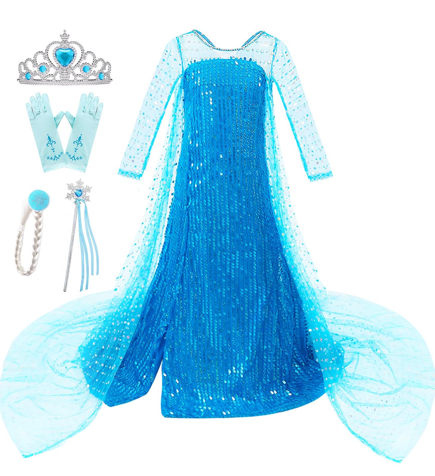 Esvaiy Girls Princess Elsa Dress Costume - Luxury Sequin Halloween Birthday Party Dress Up Kids 3t 4t 5t 6t 7t 8t (5-6 Years, Blue)