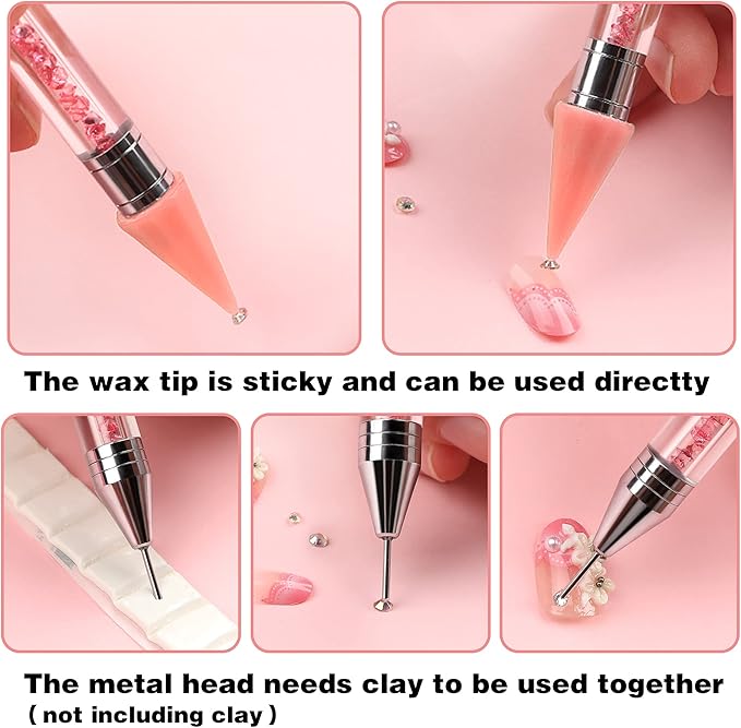 Kaychan Rhinestone Picker Tool 2 Acrylic Handle Rhinestones Applicator Dual-Ended DIY Nail Art Tool with 4 Extra Wax Tips and 1 Tweezer