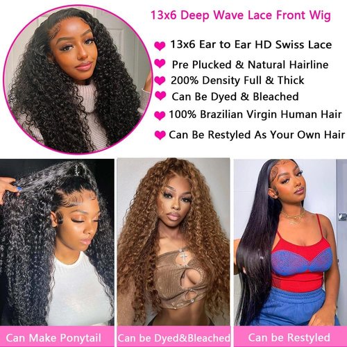 YJVMR 22 Inch Deep Wave Lace Front Wigs Human Hair 13x6 HD Lace Front Wigs Human Hair Pre Plucked Curly Wig 200 Density Glueless Frontal Wigs for Women