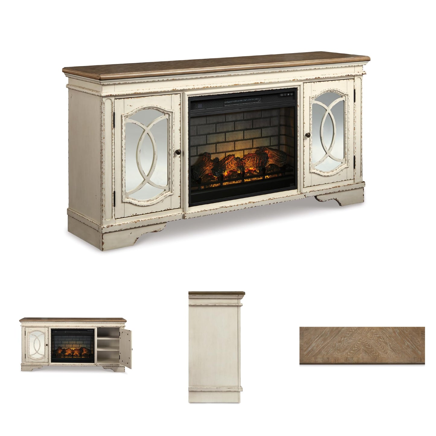 Signature Design by Ashley Realyn Vintage Casual TV Stand with Electric Fireplace, Heats Larger Rooms, Bronze Hardware, Wood, 74' Wide, White & Brown