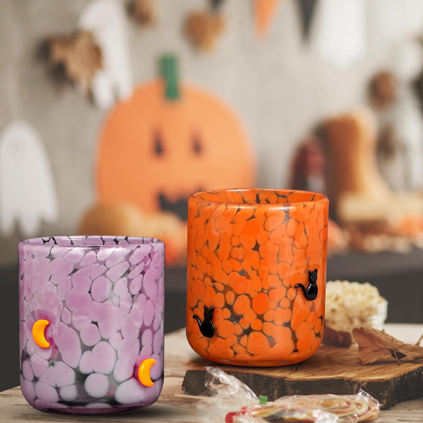 PRERUICHI 2 Pcs Halloween Icon Juice Glasses, 14oz Icon Stemless Drinking Glasses Set, Ideal for Gift & Halloween Party Drinkware (Cat & Moon)