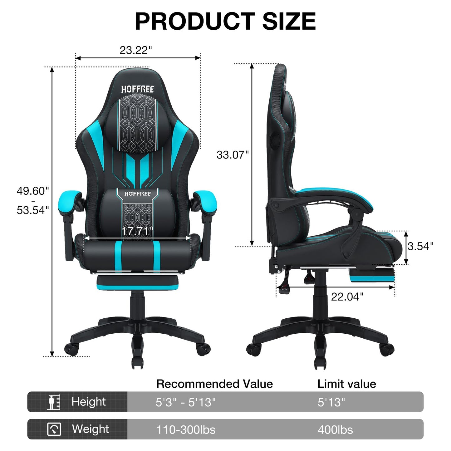 HOFFREE Led Gaming Chair with Speakers and Massage Video Game Chair Big and Tall for 400lbs with Footrest Reclining High Back Computer Desk Chair Blue and Black