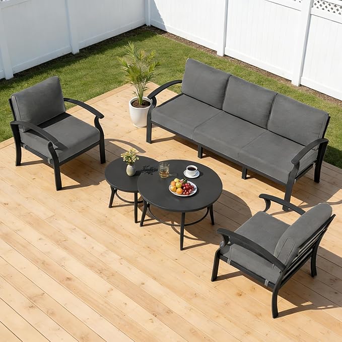 RTDTD Aluminum Outdoor Patio Furniture Set,5 Seats Patio Conversation Sets with 2 Round Coffee Tables,Metal Patio Sectional Furniture Set with 5.1" Thickened Cushions,Grey