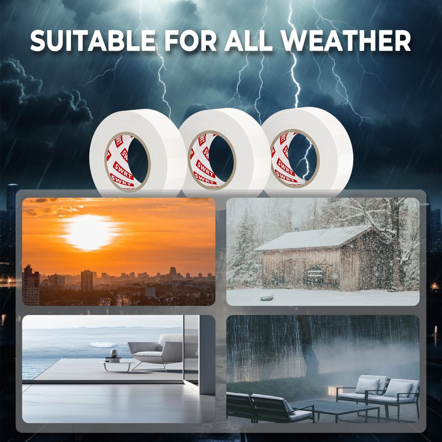 SWRT 0.7 in x 66 FT White Electrical Tape Waterproof, 3 Pack High Temp Electric Tape Under 600V for All Weather - UV Protection - Flame Retardant