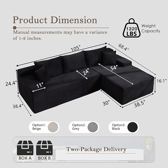 105’’ L-Shape Modular Sectional Sofa with Chaise, Convertible Cloud Couch, Corduroy Fabric & High-Density Memory Foam, No Assembly Required for Living Room (Black, Right Facing Chaise)