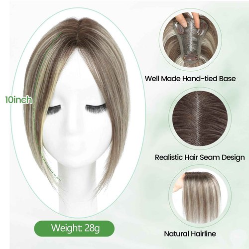 HOLFWALF Hair Toppers for Women Upgrade Swiss Lace Base Hair Topper 10inch Hairpieces for Women with Hairloss (Ombre Medium Brown with Blond Highlight)