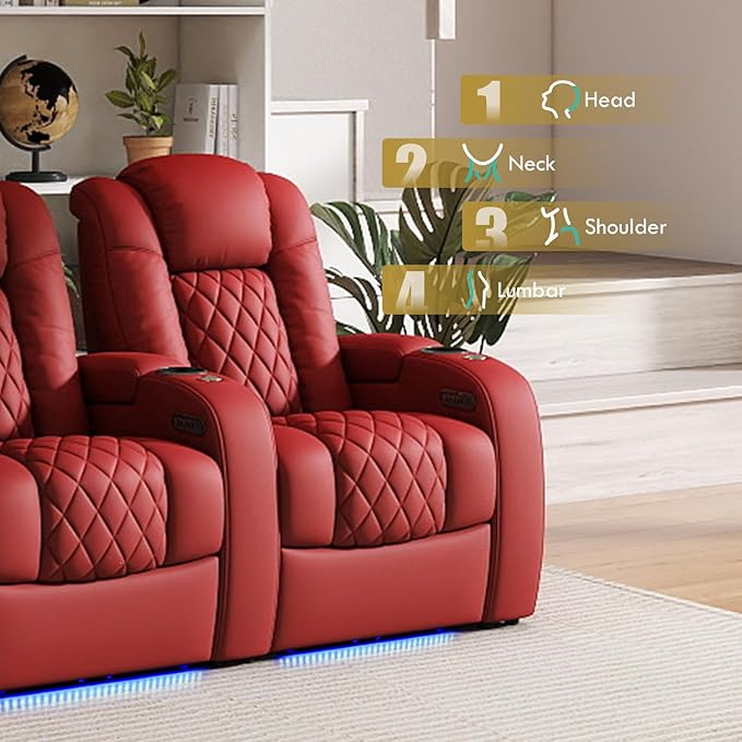 Weilianda Home Theater Seating Top Grain Leather Zero Gravity Recliner Chair Power Headrest Recline Movie Seat Gaming 7 Colors Mood Light Sofa with Tray Table USB Charge Row of 4 Loveseat Middle Red