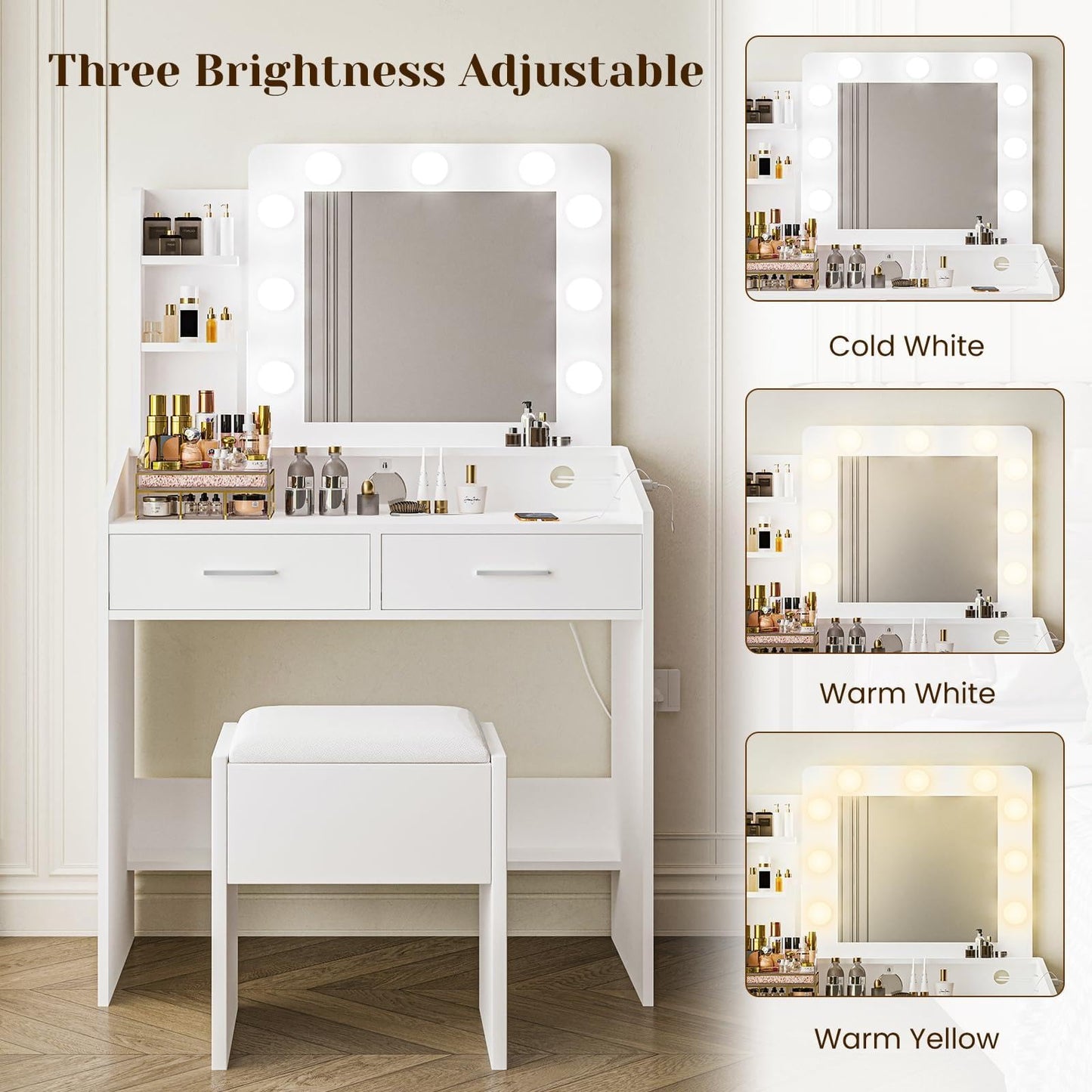 PeacefulHues Modern Vanity Desk with Lighted Mirror & Upholstered Stool, Makeup Table with 2 Spacious Drawers and 3-Color Dimmable LED Lights, Elegant Bedroom Vanity Set for Women and Girls