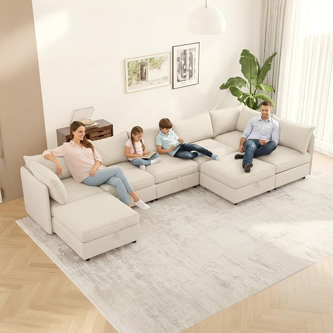 Oversized Modular 8 Seater Sofa with Removable Covers and Storage, Convertible U, L-Shaped and Sleeper Sectional, Modern Sectional Couch with Ottoman Chaise for Living Room, Bedroom, Apartment, Beige