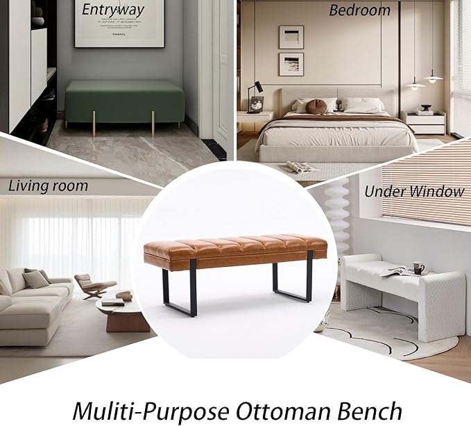 AIITTCC Faux Leather Ottoman Bench, Tufted Padded End of Bed Bench with Metal Legs, Upholstered Shoe Bench for Bedroom Living Room Entryway Window (Camel Brown, 46" Wide)