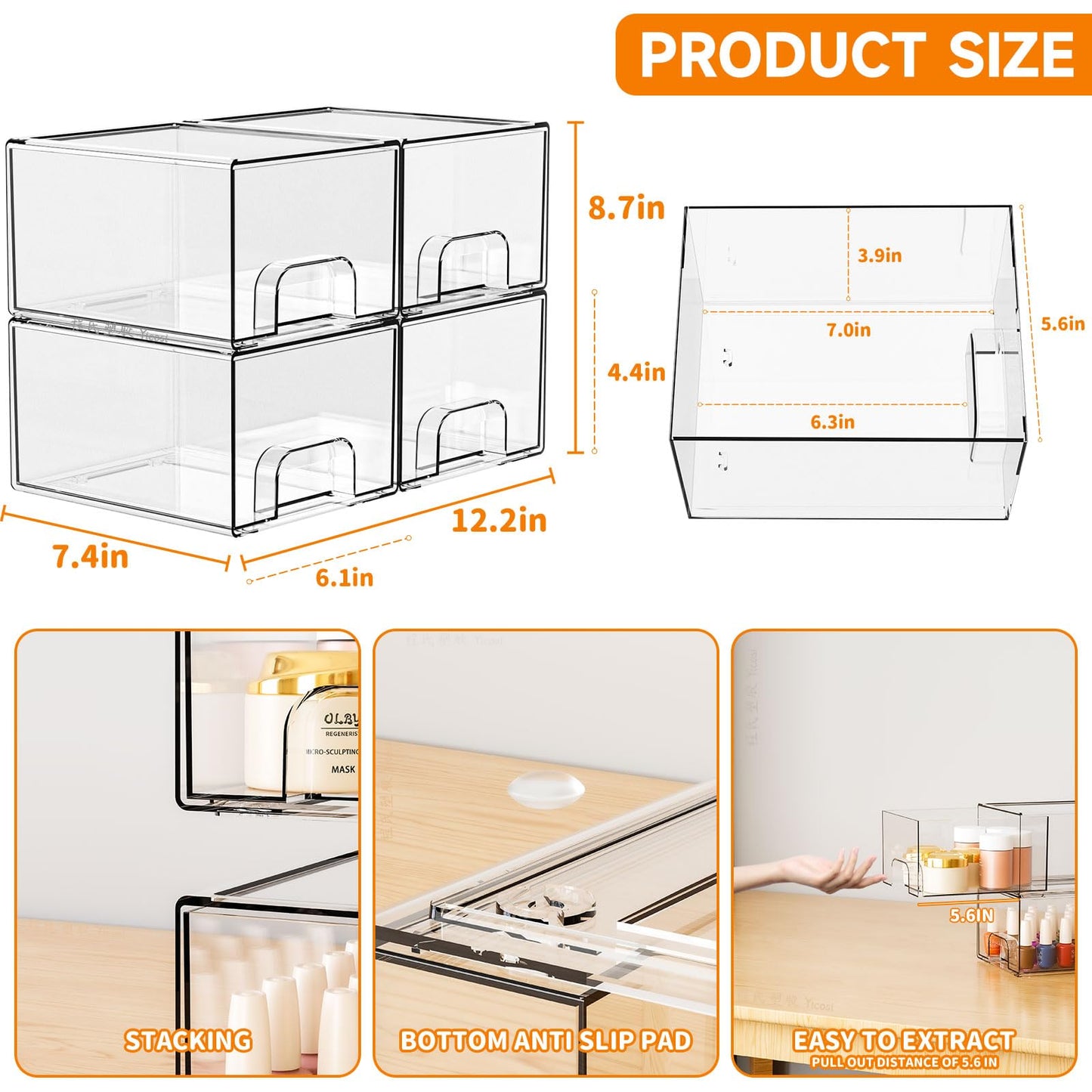 Yieach 4 Pack Clear Stackable Storage Drawers,4.4'' Tall Acrylic Drawer Containers for Organizing,Bathroom Organizers and Storag