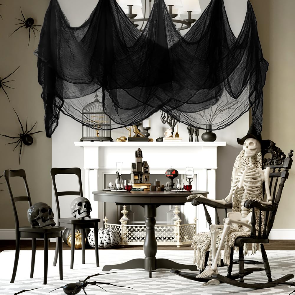 Vellibring 400" x 85" Halloween Creepy Cloth Decoration, Large Black Spooky Fabric Cloth Scary Gauze Cheesecloth for Haunted House Halloween Party Yard Wall Indoor Outdoor Decor