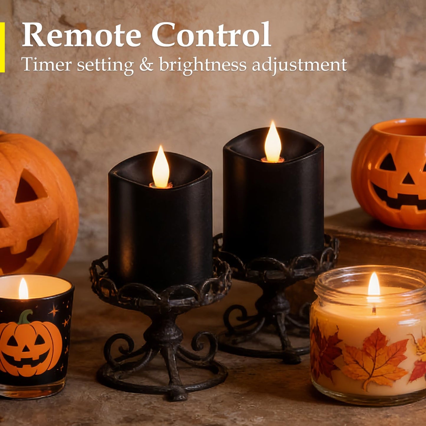 Woocodowe 3inch Black Pillar Flameless Candles - 3D Flickering, Remote Timer, Battery Operated, 600+ Hours, Halloween & Gothic Themed Decor (Black, 3"*3"-3pcs)