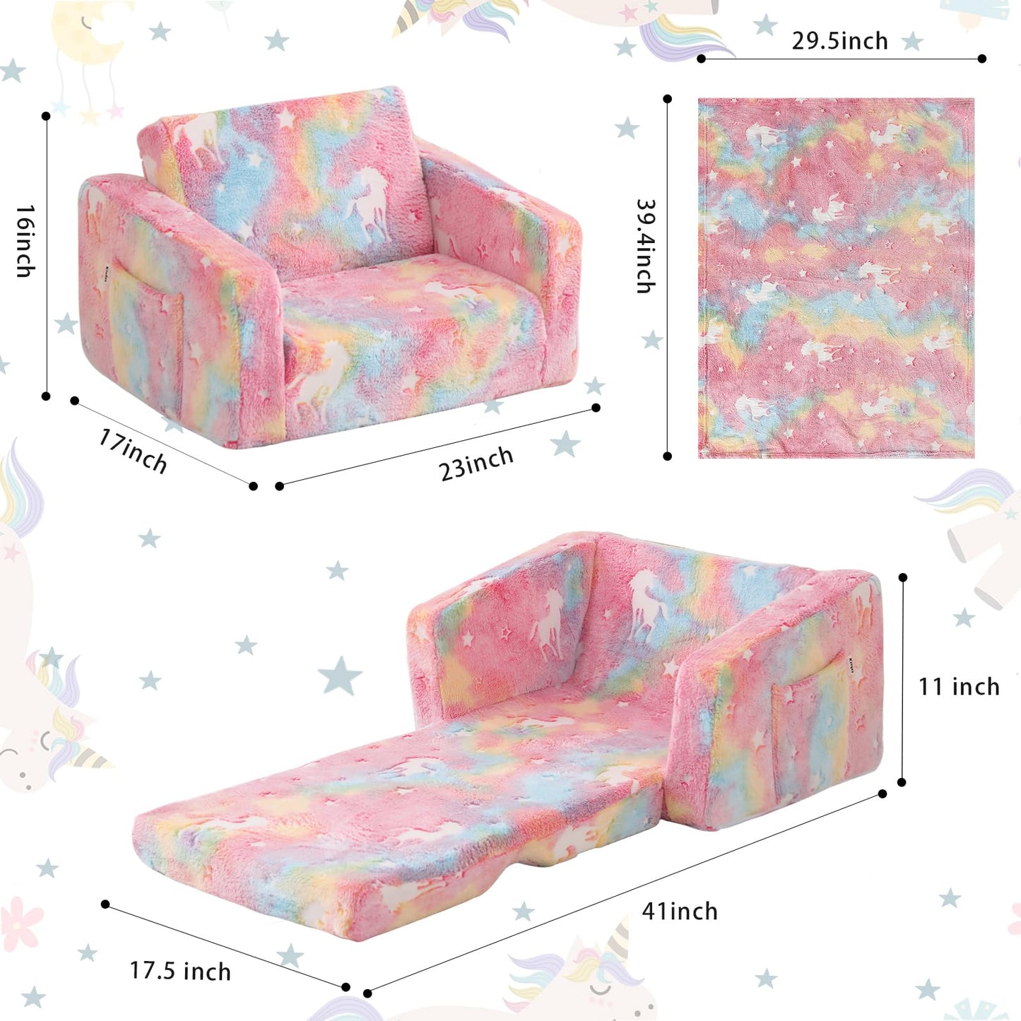 Kisdsa Toddler Couch Fold Out, Foldable Toddler Chair with Blanket, Kids Couch for Girls & Boys, Flip Out Kids Sofa, Convertible Sofa to Lounger for Children Age 1-3 (Glow Pink)