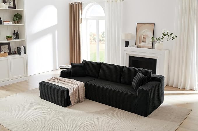 Vanress Cloud Couch Sectional, Corduroy Boneless Couch with L-Shape Chaise, Modern Modular Sectional Sofa Comfy Deep Seat for Living Room, Bedroom, No Assembly (Black, Left Facing Chaise)