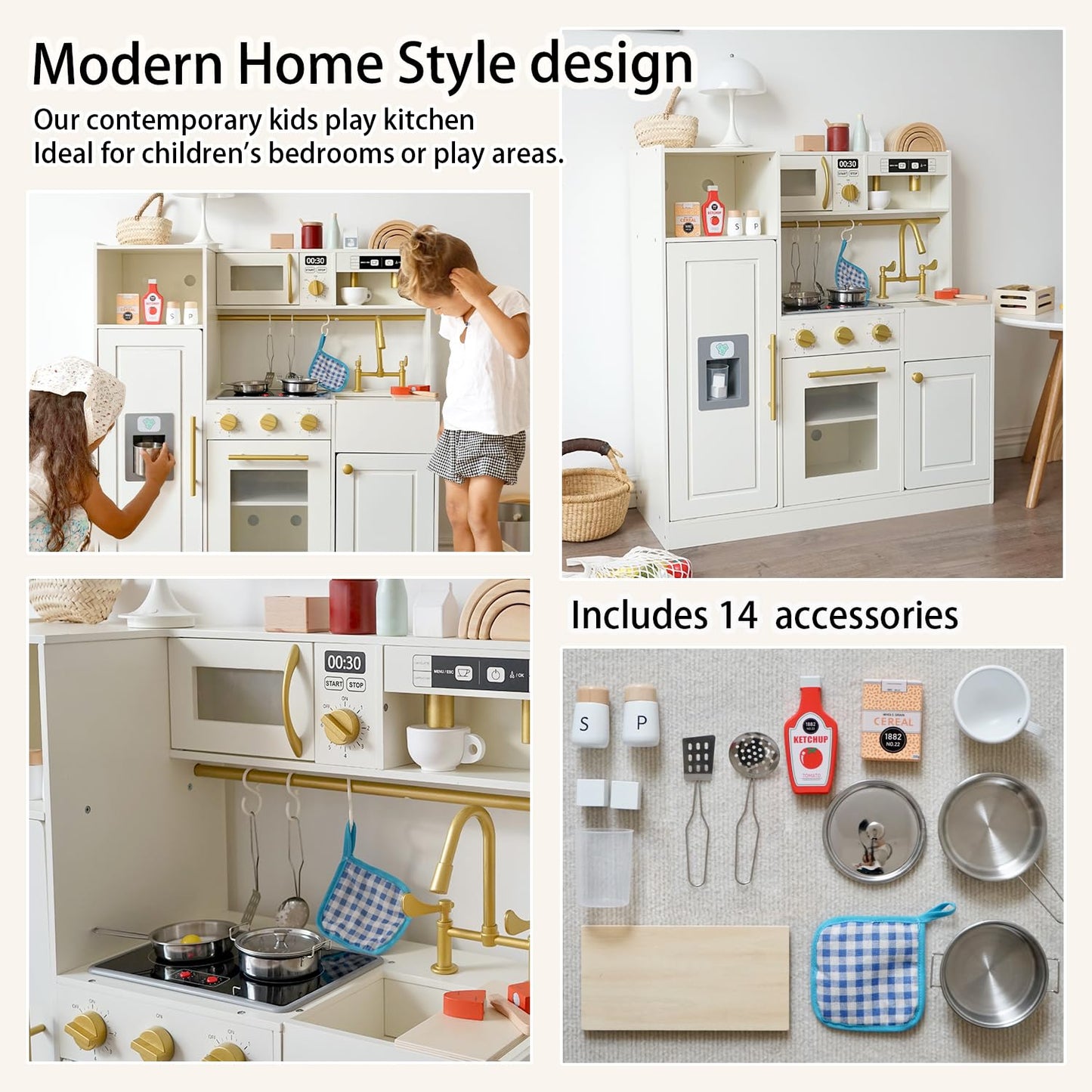 inFUNSAME Wooden Play Kitchen for Toddlers and Kids with Realistic Lights and Sounds and 14 Fun Toddler Kitchen Accessories, Toy Kitchen Playset for Boys and Girls Ages 3+