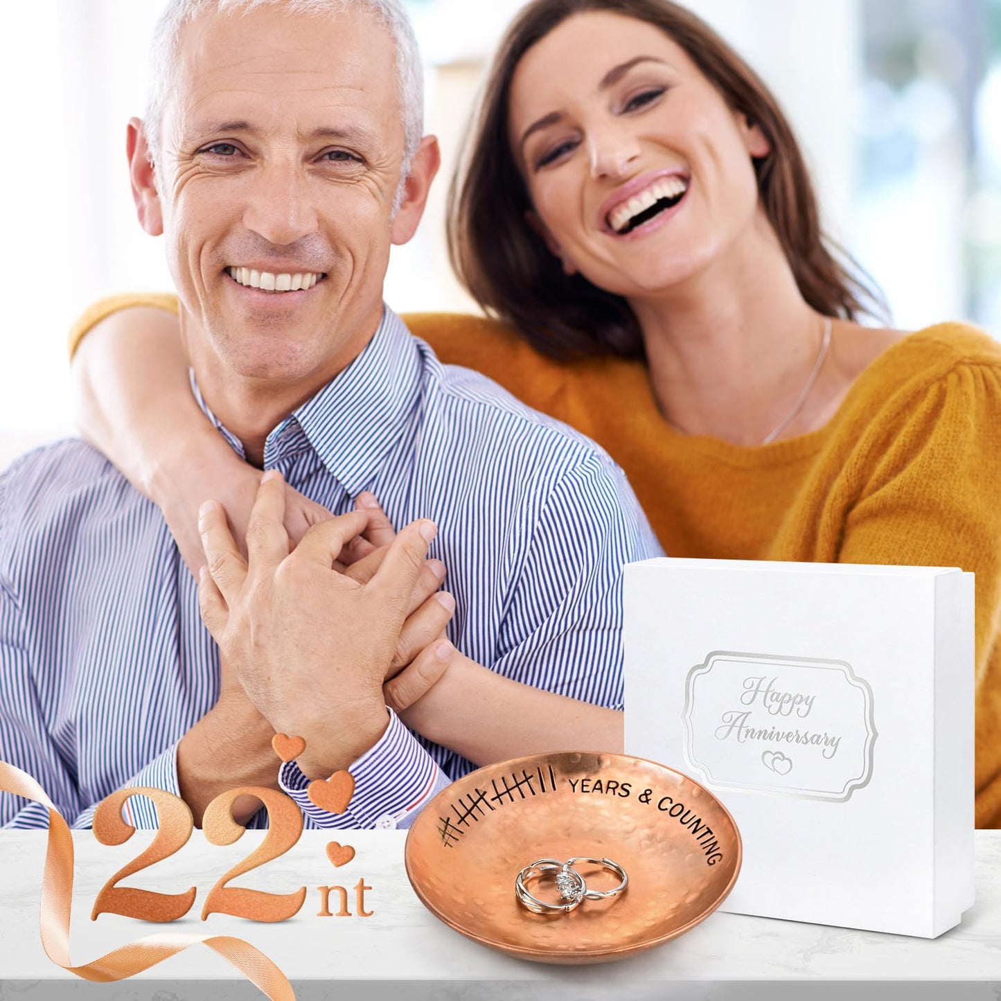 CEELGON 22 Year Wedding Anniversary Copper Gifts 22th Gifts 4" Copper Jewelry Tray Engraved Decorative Dish for Couple Him or Her