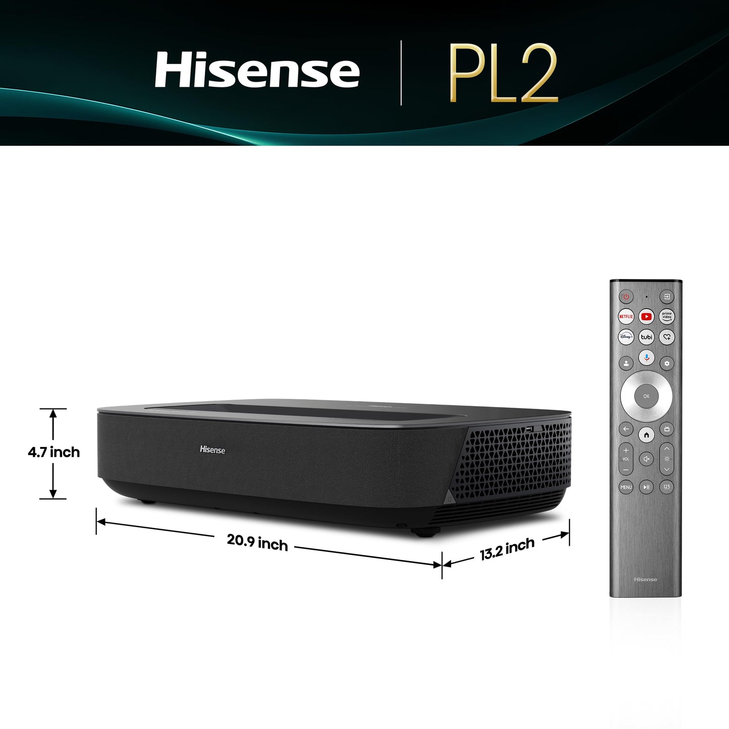 Hisense PL2, Ultra Short Throw Home Theater Laser Projector, 80” – 150”, 4K UHD, 2,700 Lumens, 3000:1 Contrast, Dolby Vision & Atmos, 3D, Google TV, WIFI 6E