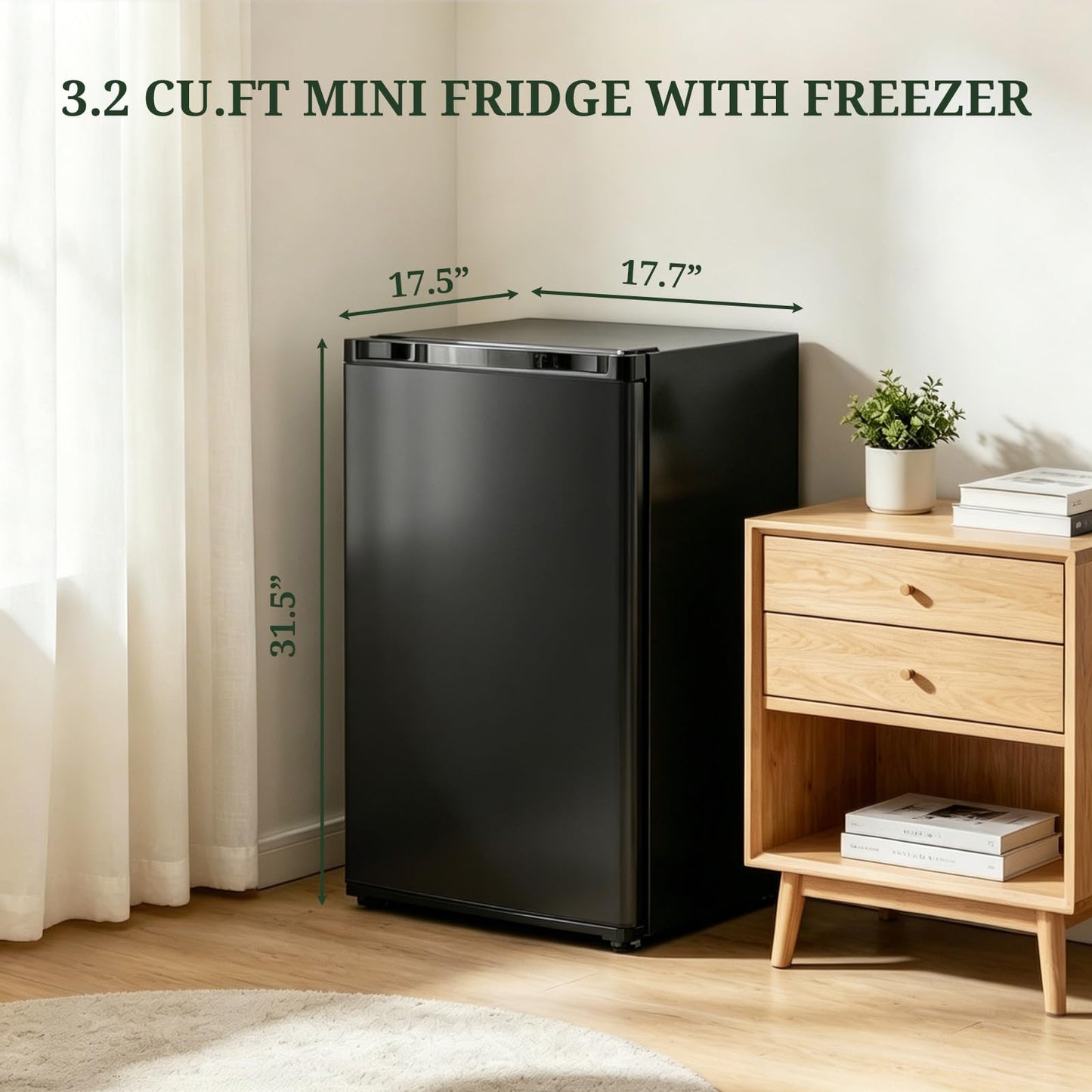 Mini Fridge with Freezer, 3.2 Cu.Ft Compact Single Door Refrigerator with Adjustable Thermostat, Low Noise & Energy Efficient (0.41kWh/Day), Small Fridge for Bedroom, Dorm, Office, Apartment (Black)