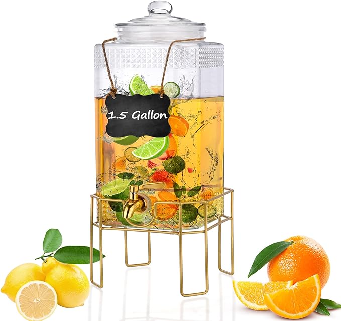 Drink Dispensers for Parties,1.5 Gallon Drink Dispenser,Beverage Dispenser with Stand,Glass Lid and Stainless Steel Spigot...