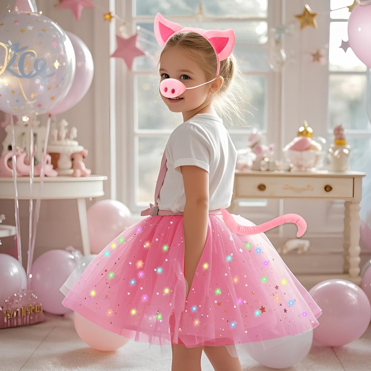 G.C Kids Light Up Pig Costume Girls Pig Ears Headband Nose Tail Bow Tie Tutu Skirt Accessories Animal Costumes Halloween Cosplay Birthday Gifts