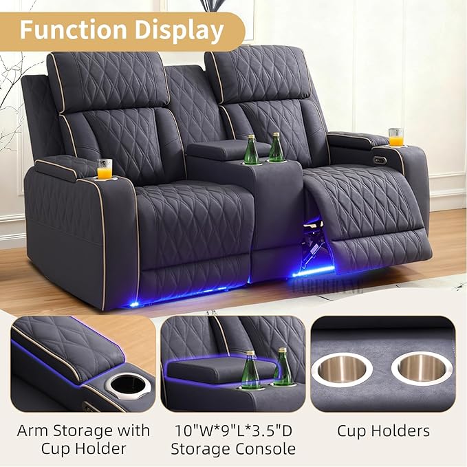 Caberryne Power Recliner Sofa with LED Lights,Suede Leather Reclining Loveseat with Double Recliner/USB Port/Storage Console/Cup Holder for House/Home Theater(2 Seater Loveseat,Navy)
