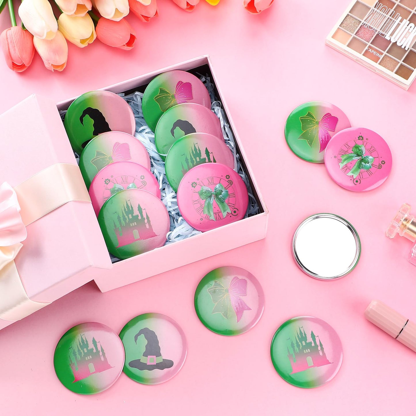 Marsui 24 Pcs Green and Pink Birthday Party Favors Witch Gifts for Girl Women Bulk Witch Mini Compact Mirror 2.76 Inch Portable
