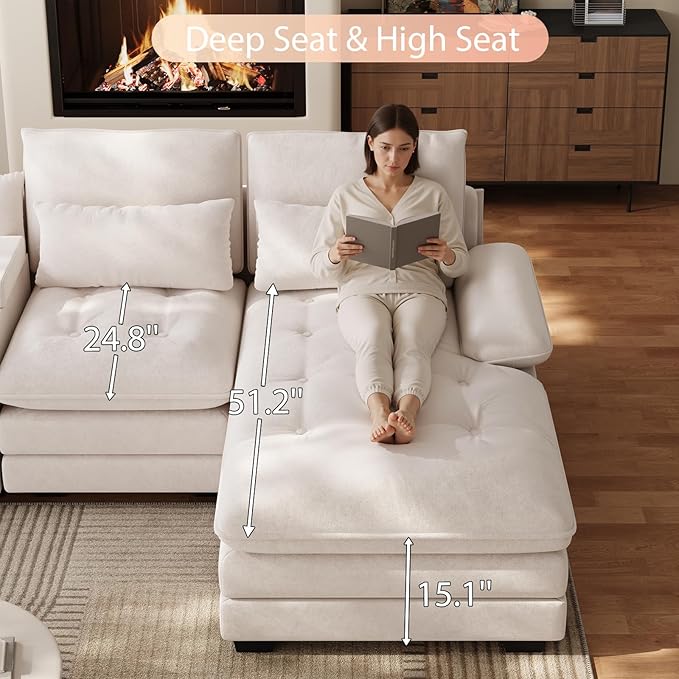 BEQAI 134"U Shaped Sectional Couch for Living Room, Modern Chenille 6 Seat Living Room Sofa Set with Storage Console, Oversized Modular Sectional Fluffy Couch with Tufted Buttons & Chaise Lounge,Beige